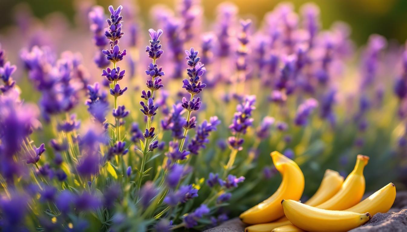 close up of lavender flowers and banana slices