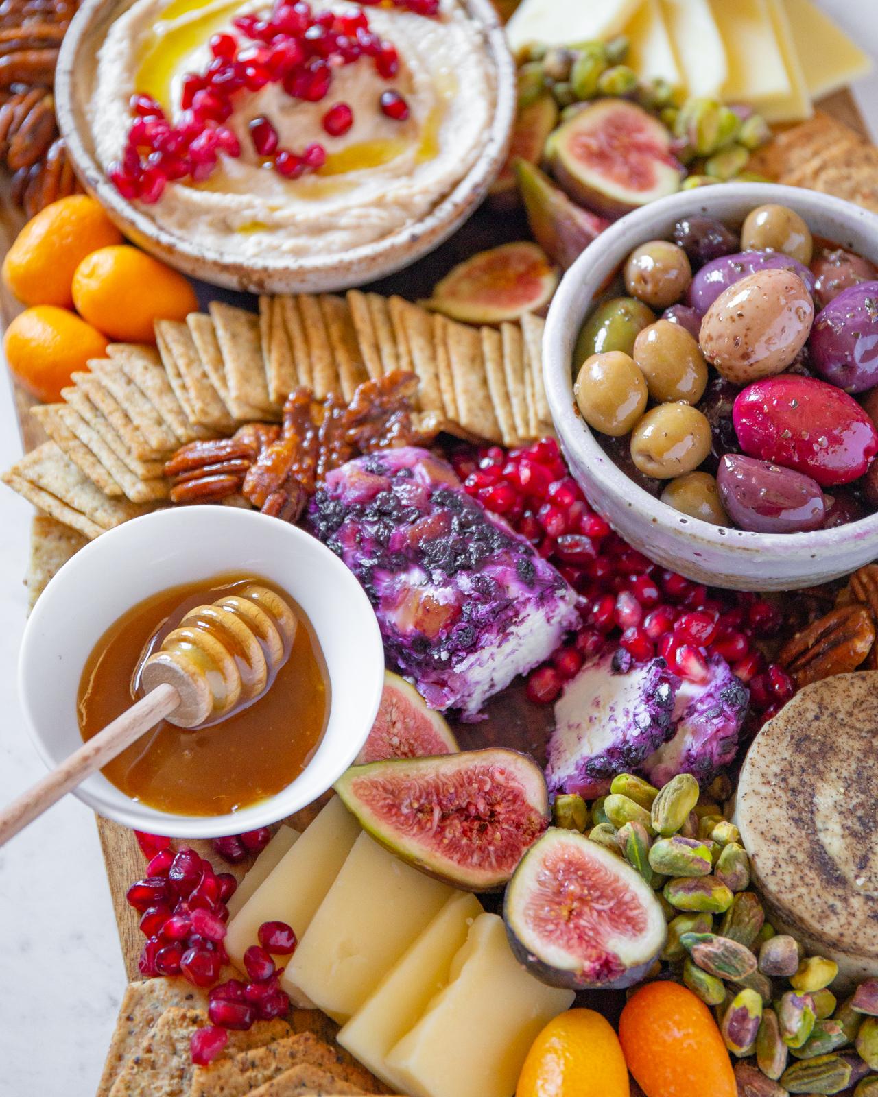 image of a balanced cheese platter with fruits, nuts, and cheeses, highlighting nutritional benefits