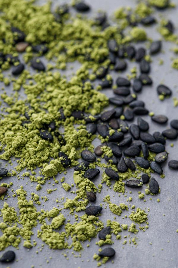 Close-up shot of black sesame and matcha pastes