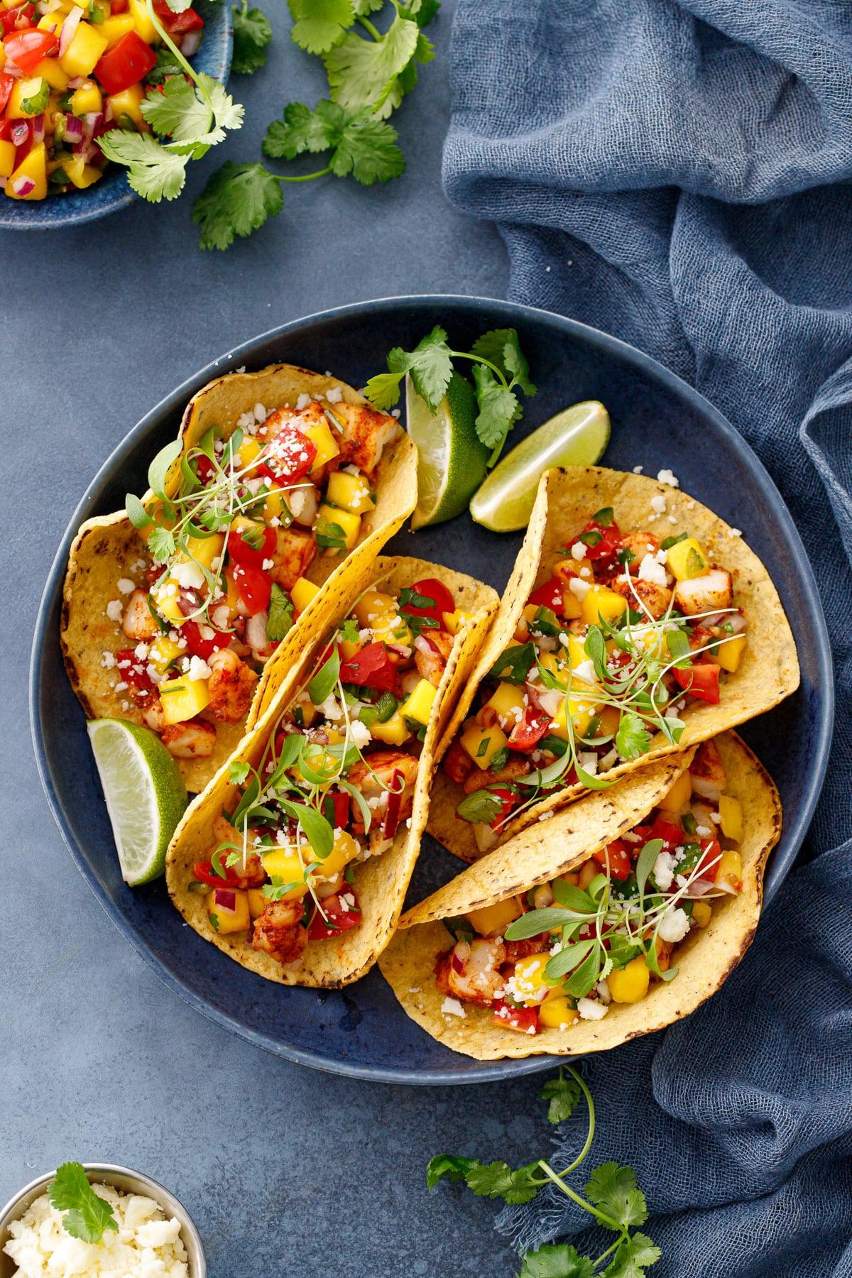 grilled spicy shrimp tacos with fresh mango salsa