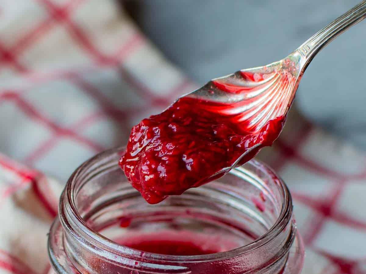 close up of raspberry compote being made