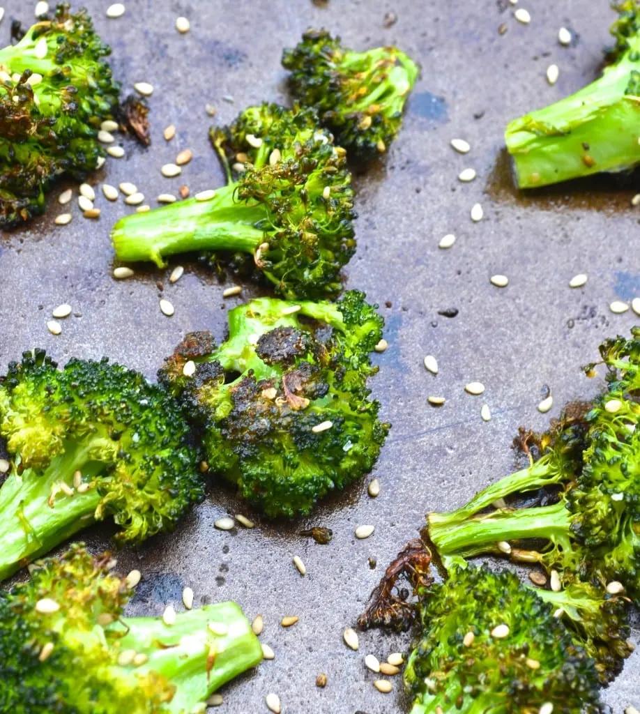 close up grilled broccoli with sesame ginger marinade