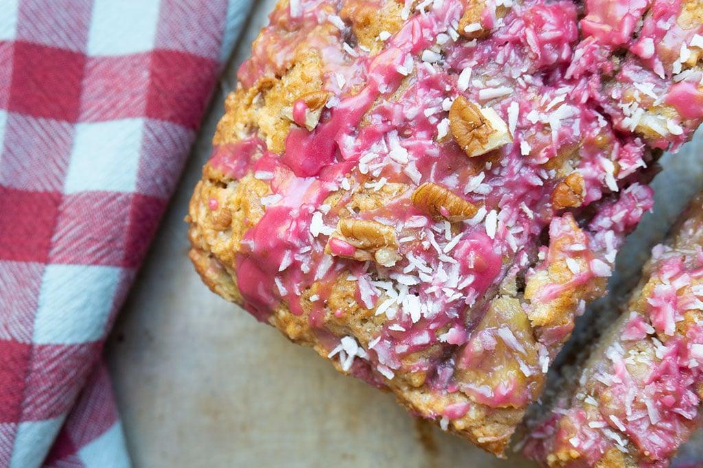 close-up shot of a slice of pineapple rhubarb bread showing the texture