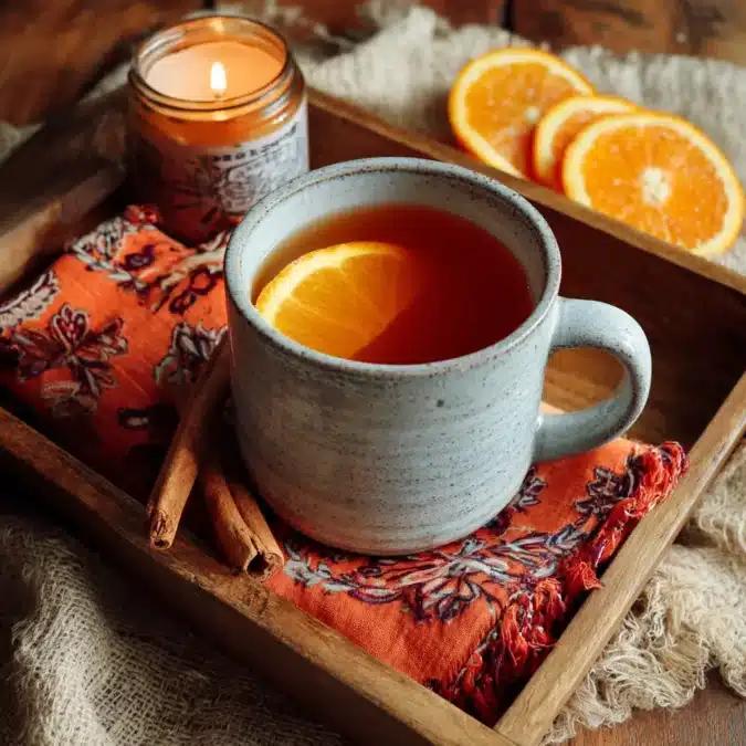 Steaming mug of citrus spice tea next to a simmering pot, cozy holiday background