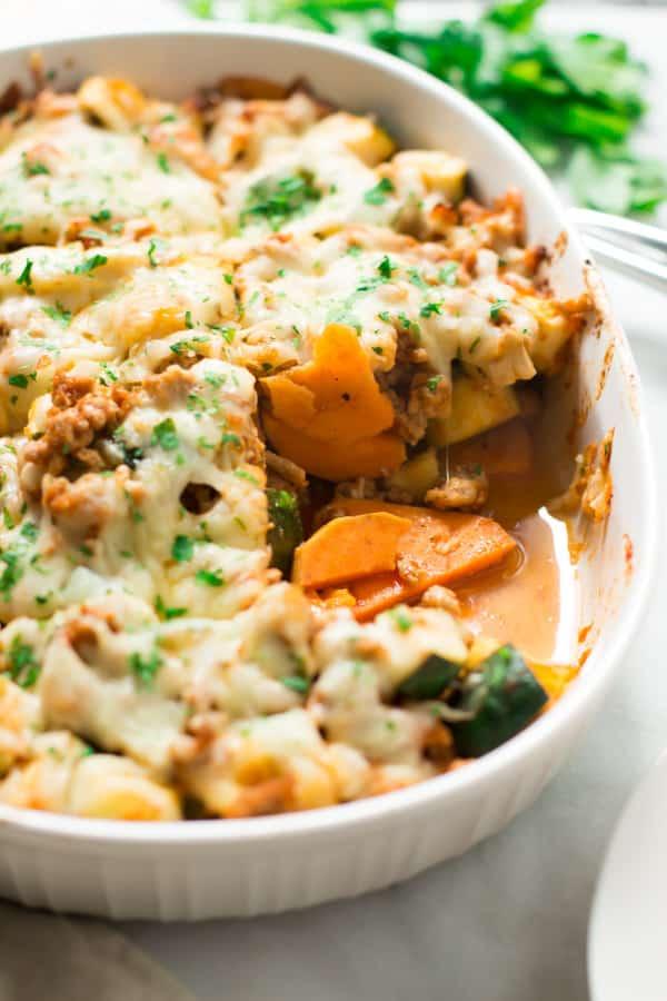 sweet potato tomato zucchini bake casserole dish
