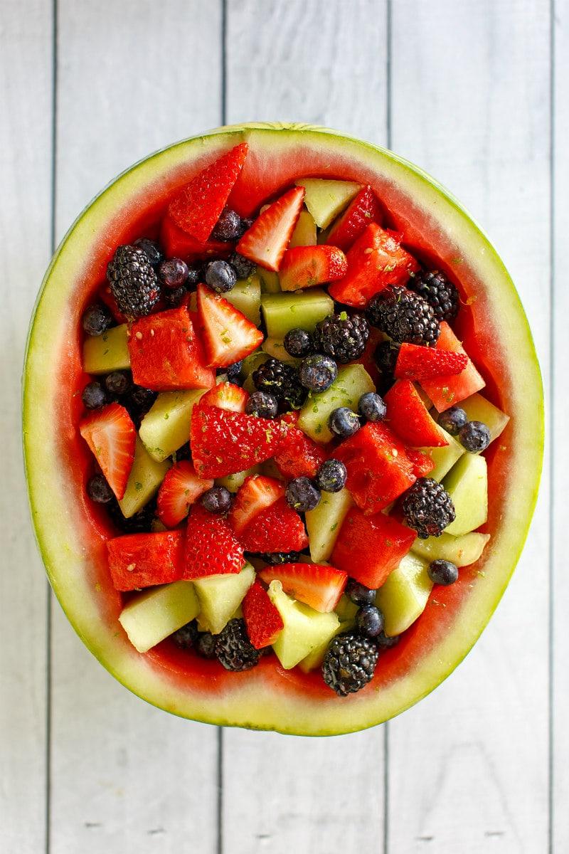 overhead shot of a freshly made watermelon and yuzu salad in a bowl