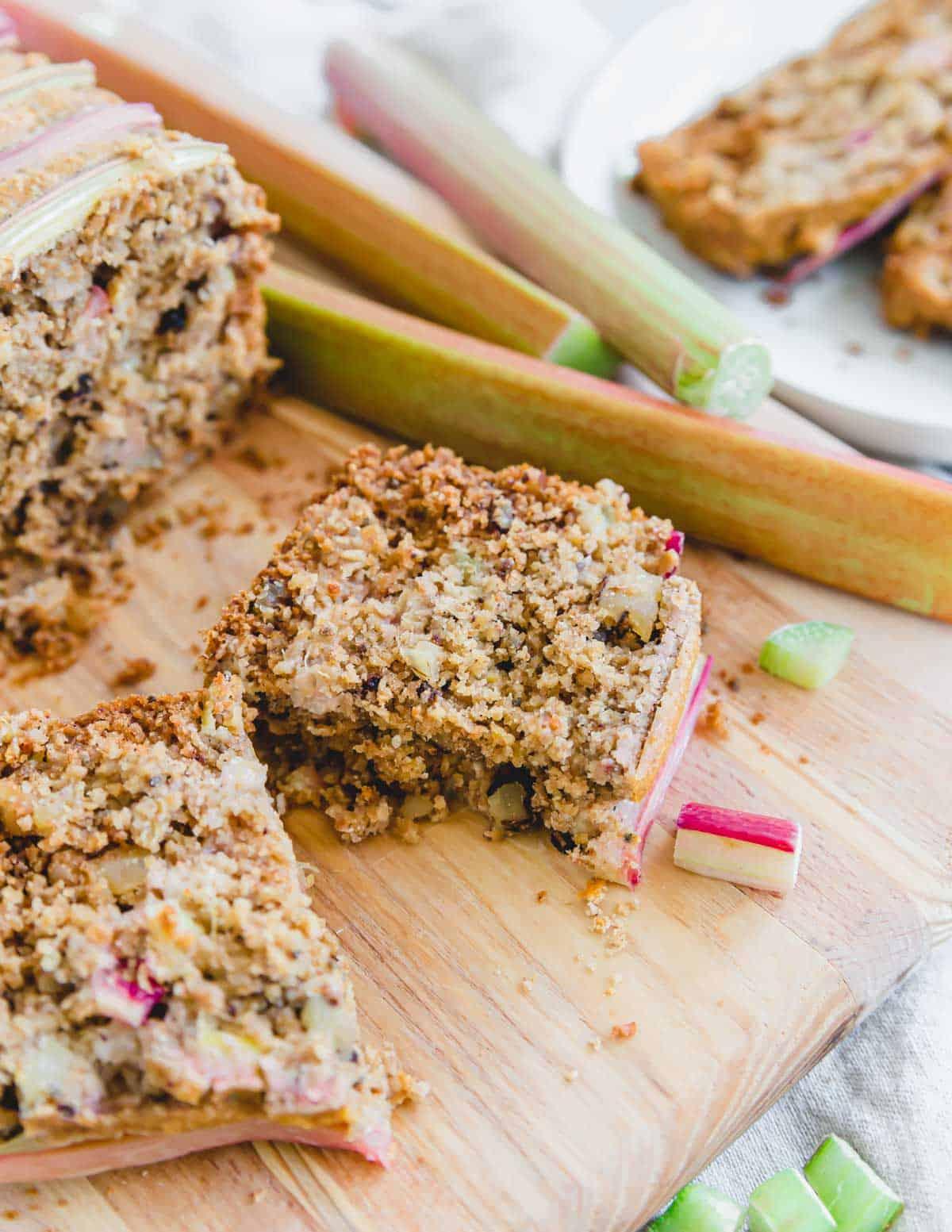 freshly baked white rice flour rhubarb bread on a cooling rack