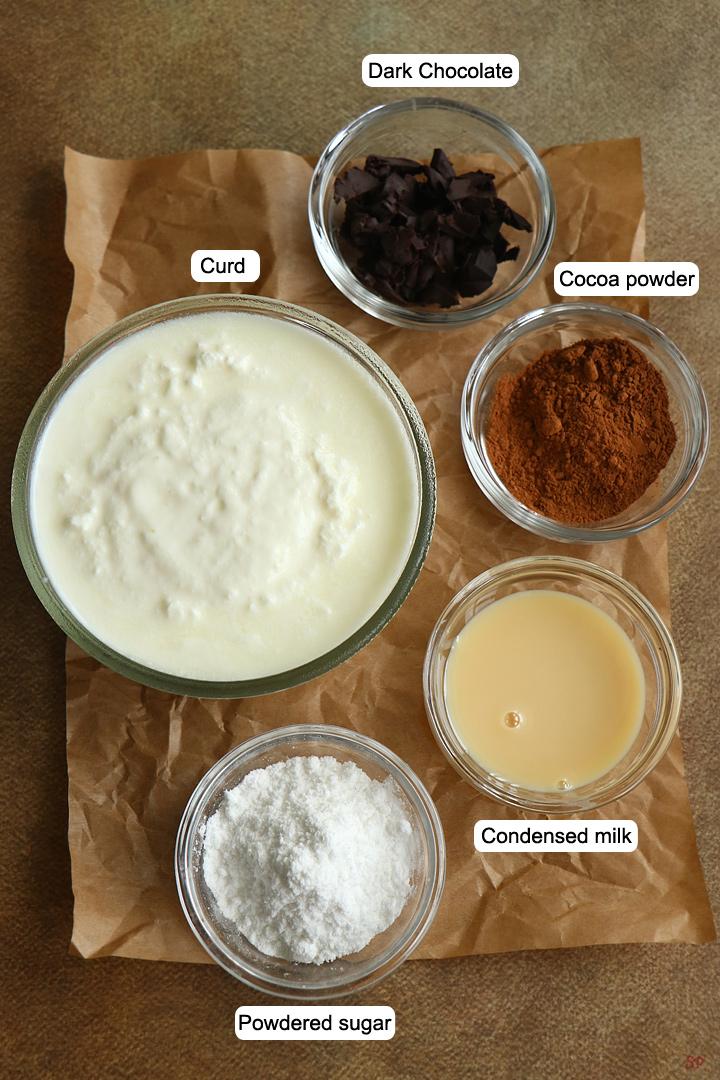 ingredients for dark chocolate cherry lassi arranged on a table