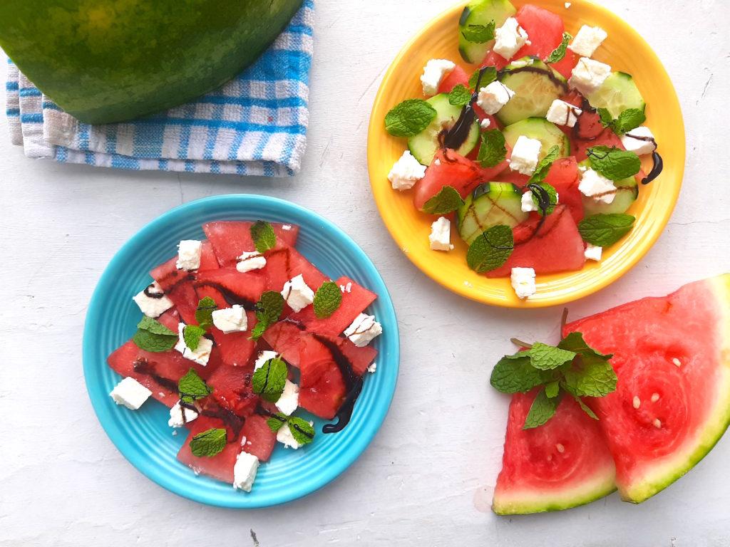 Overhead shot of a Watermelon Mint Tart with a slice cut out