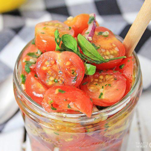 close-up of tomato-basil relish in a bowl