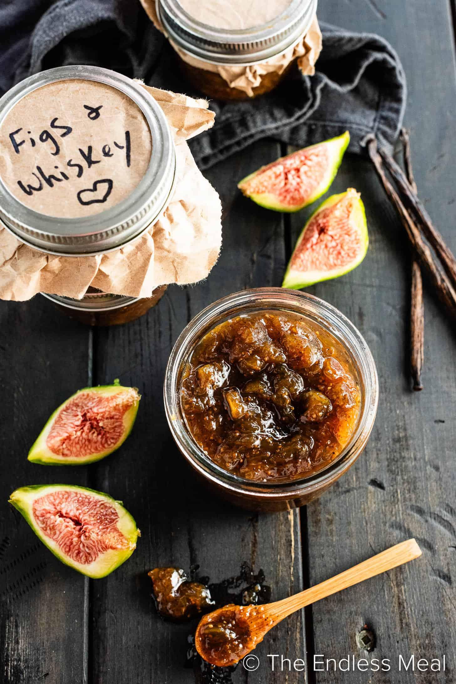 whiskey fig rhubarb compote in glass jars