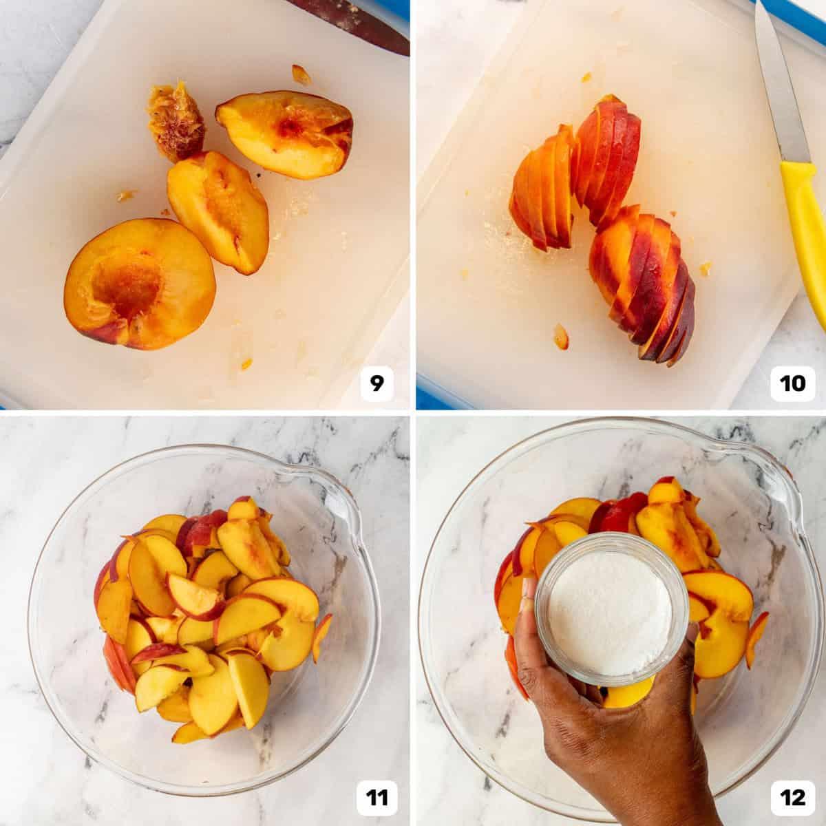 Close-up shot of sliced peaches being tossed with thyme and sugar