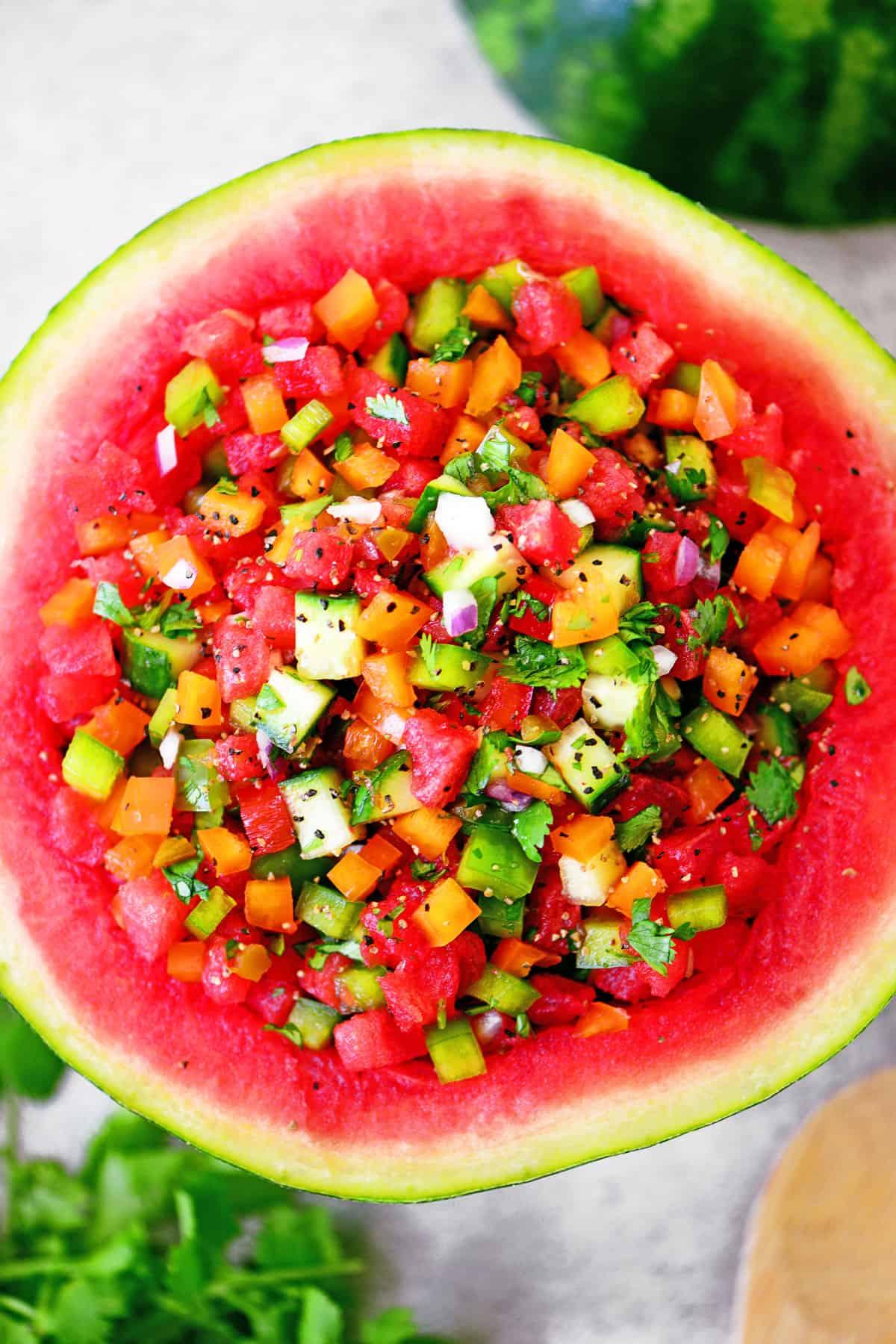 fresh watermelon jalapeno salsa in a bowl