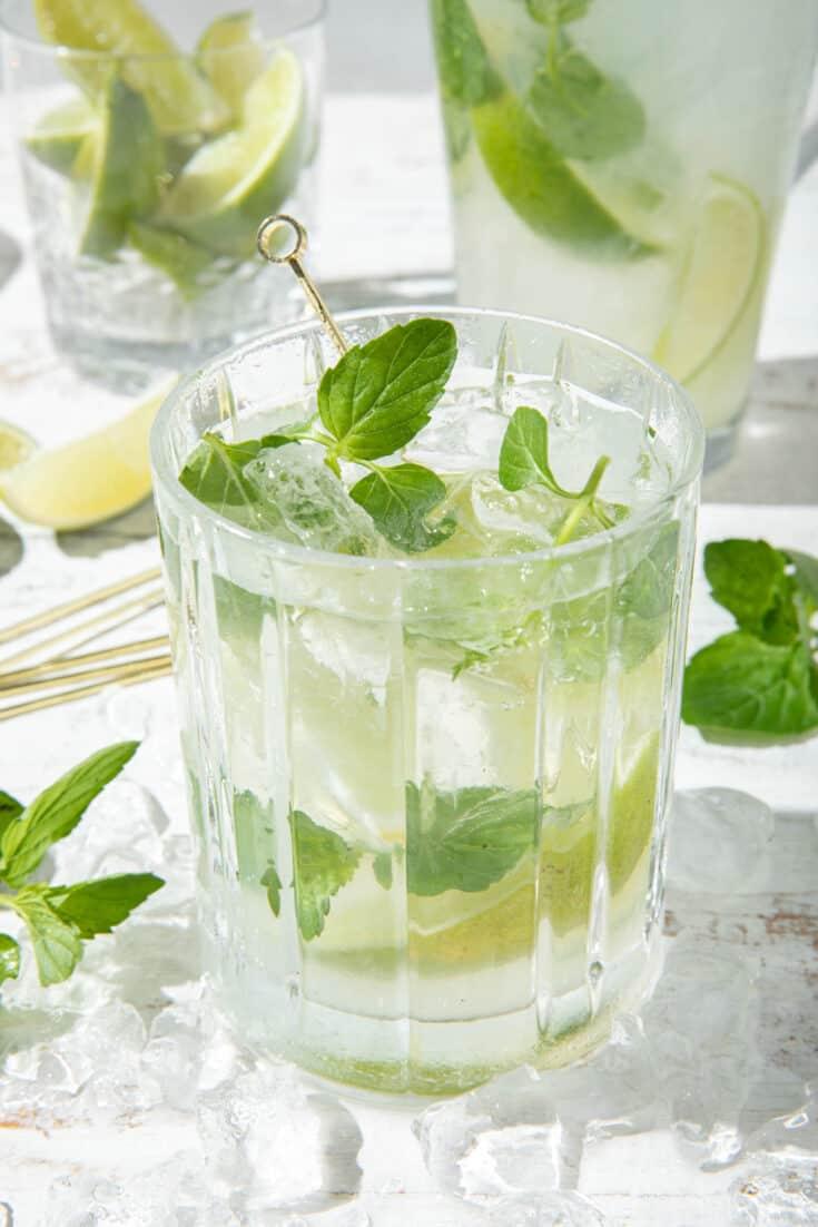 close up of tangerine mint virgin mojito in glass with ice cubes and mint garnish