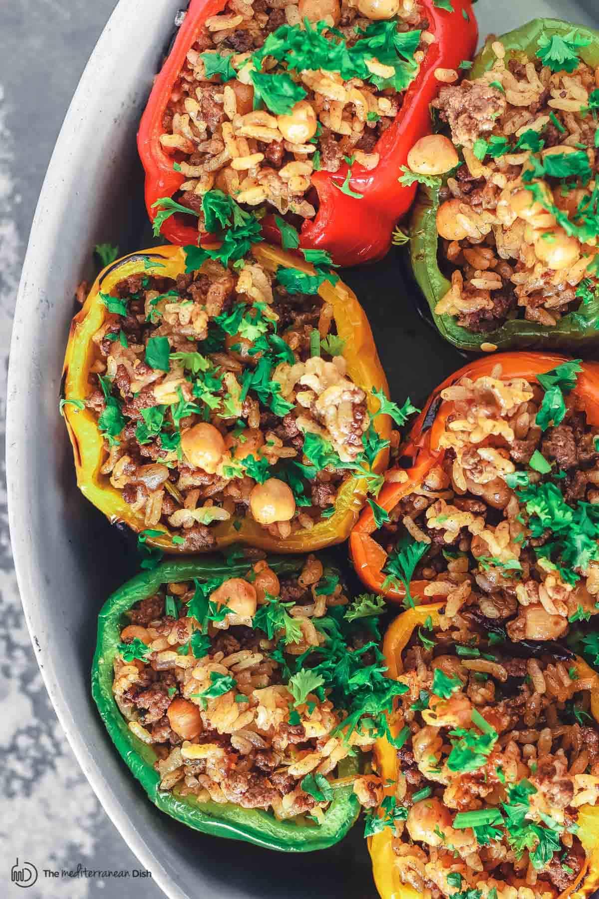 Greek lemon herb vegetable stuffed peppers