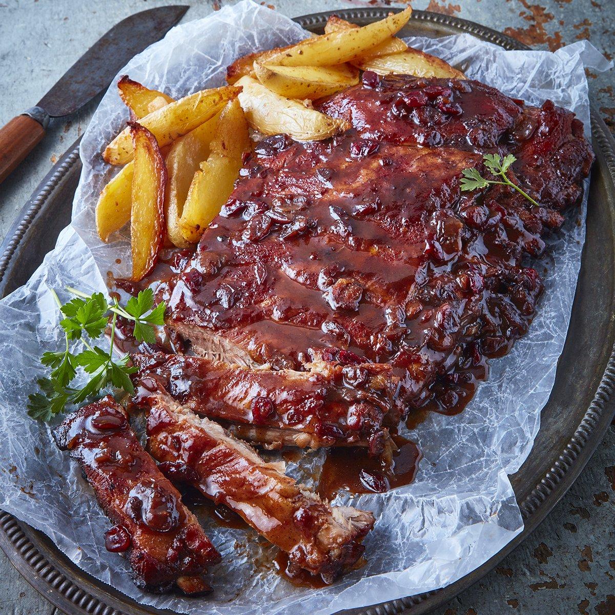 serving platter of cranberry orange BBQ ribs