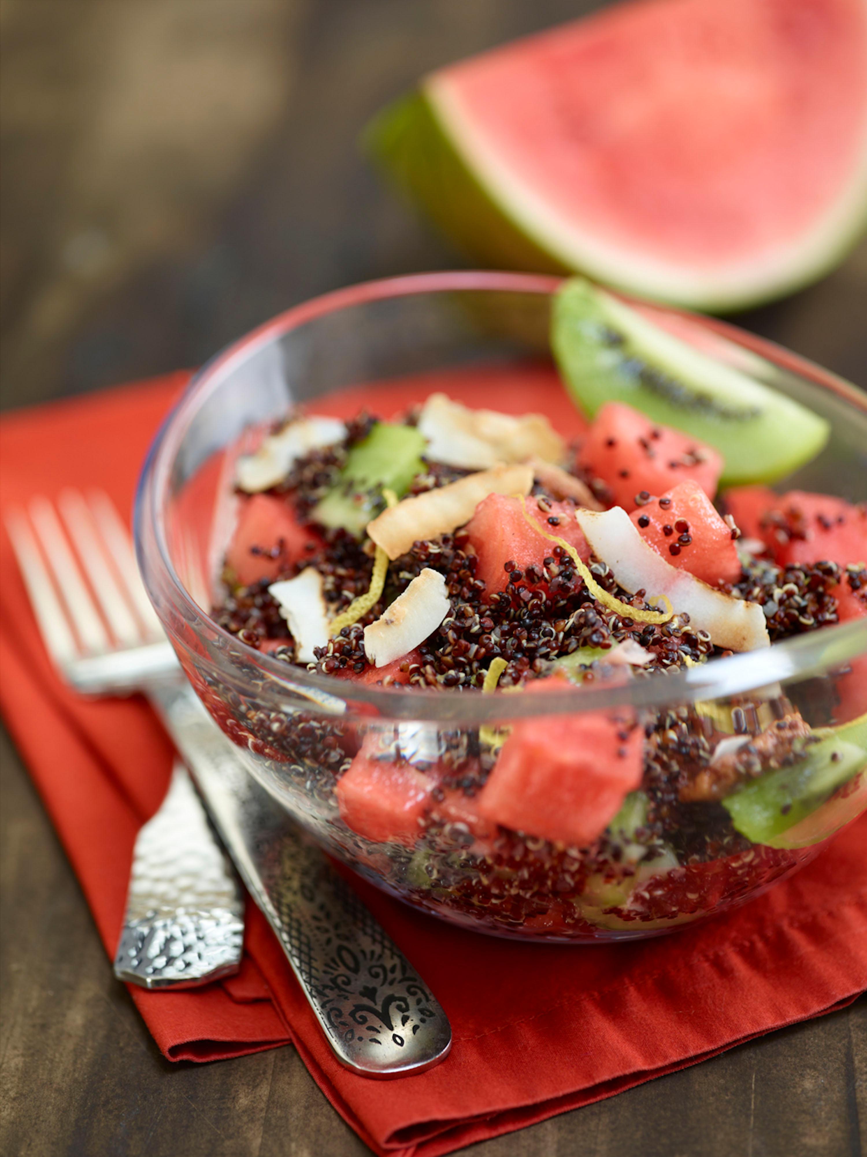 close-up shot of a serving of watermelon quinoa salad on a plate