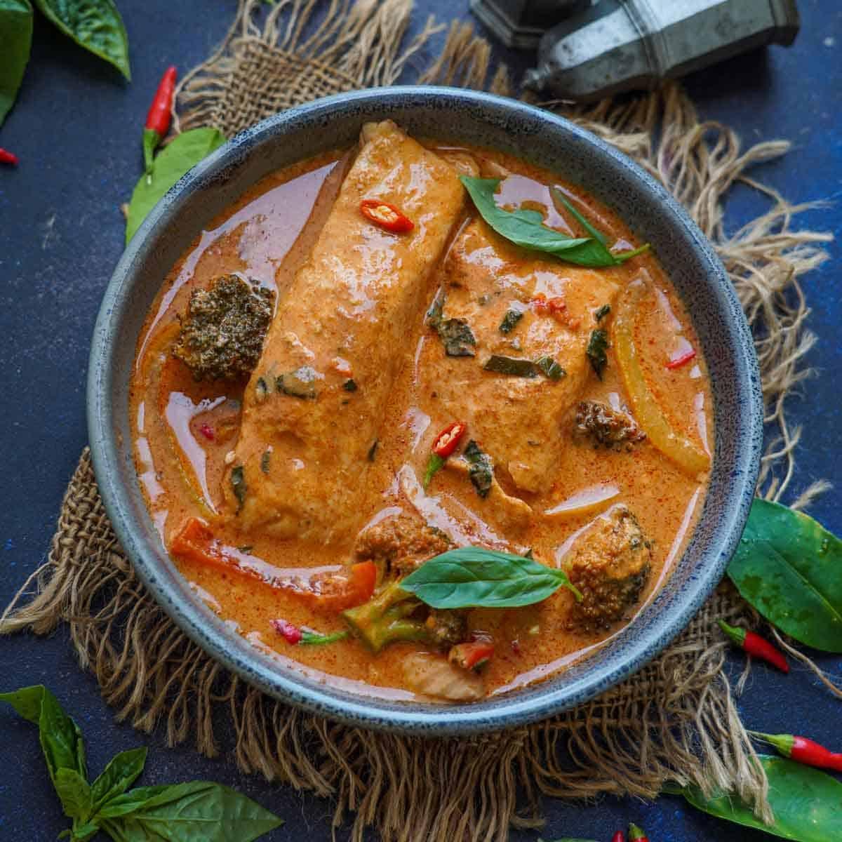 overhead shot of Salmon Panang Curry with Quinoa