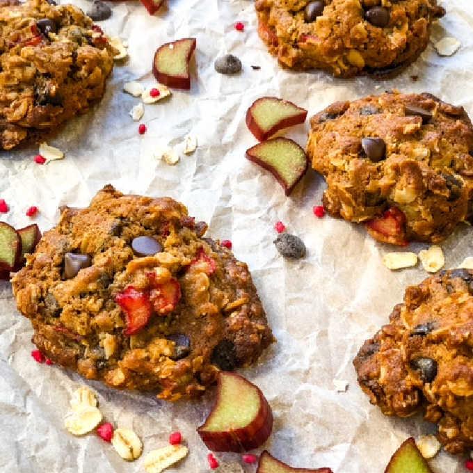 Close-up of Rhubarb Double Chocolate Cookies showing texture