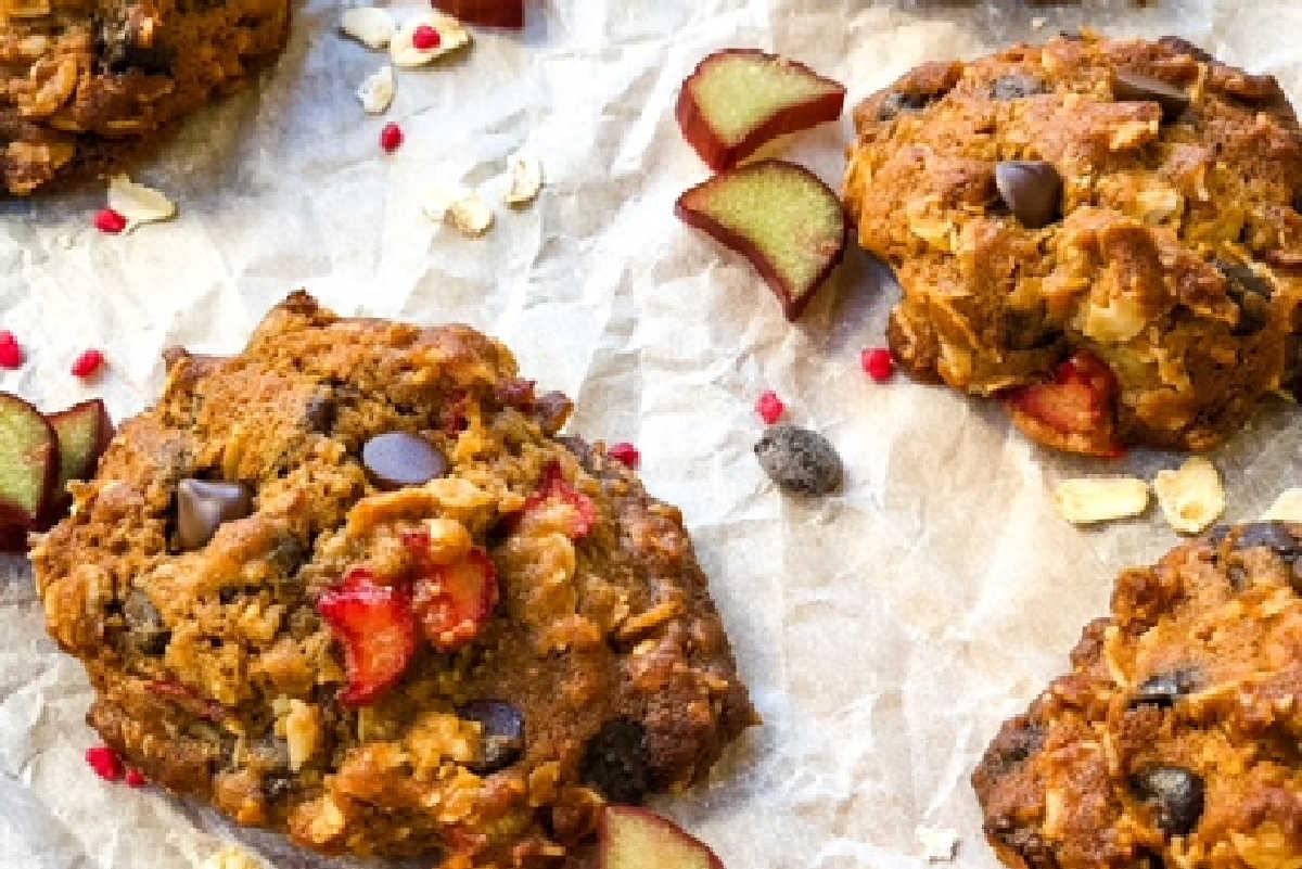 Ingredients for Rhubarb Double Chocolate Cookies laid out on a counter