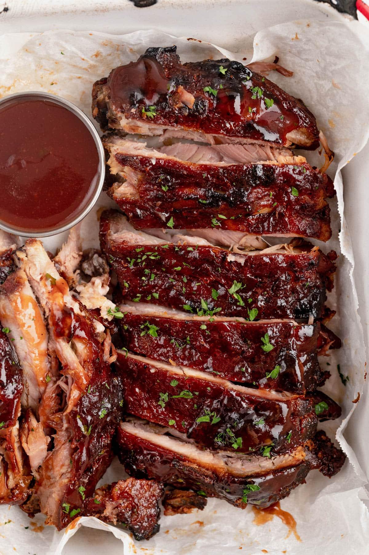 close-up of sliced Dr Pepper BBQ ribs