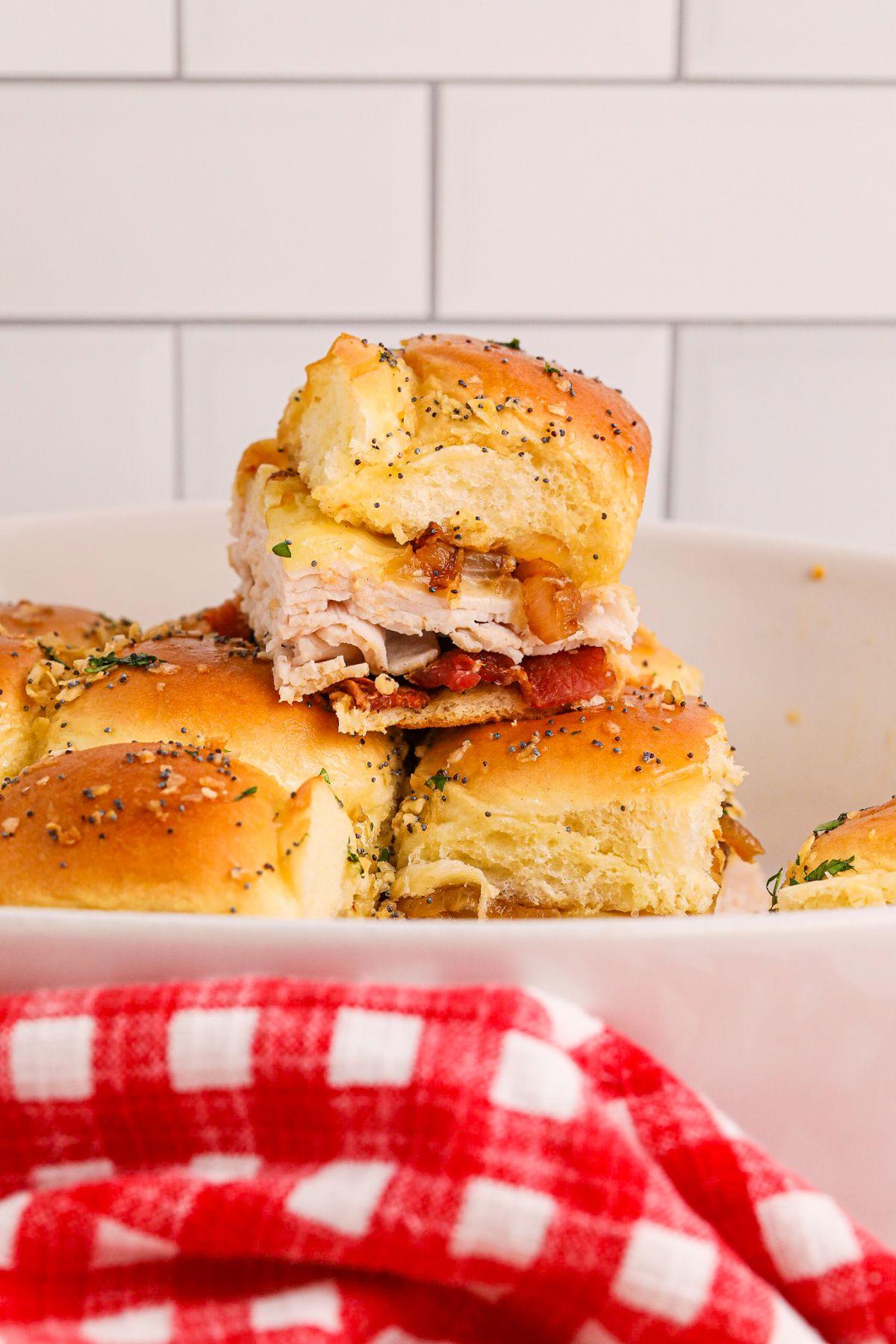 Close-up of Maple Bourbon BBQ Turkey Slider with visible layers