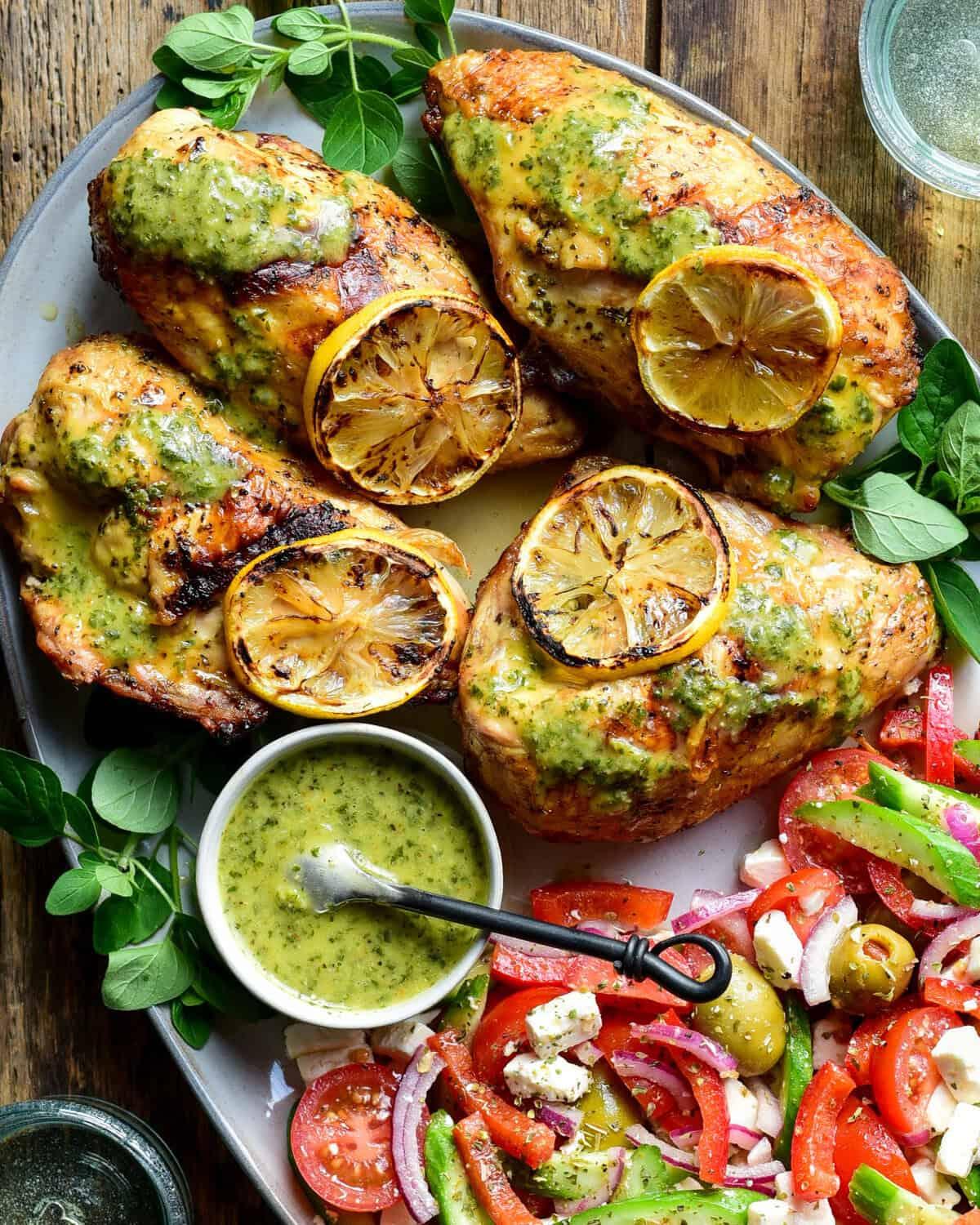 Lemon oregano chicken being grilled on a grill pan
