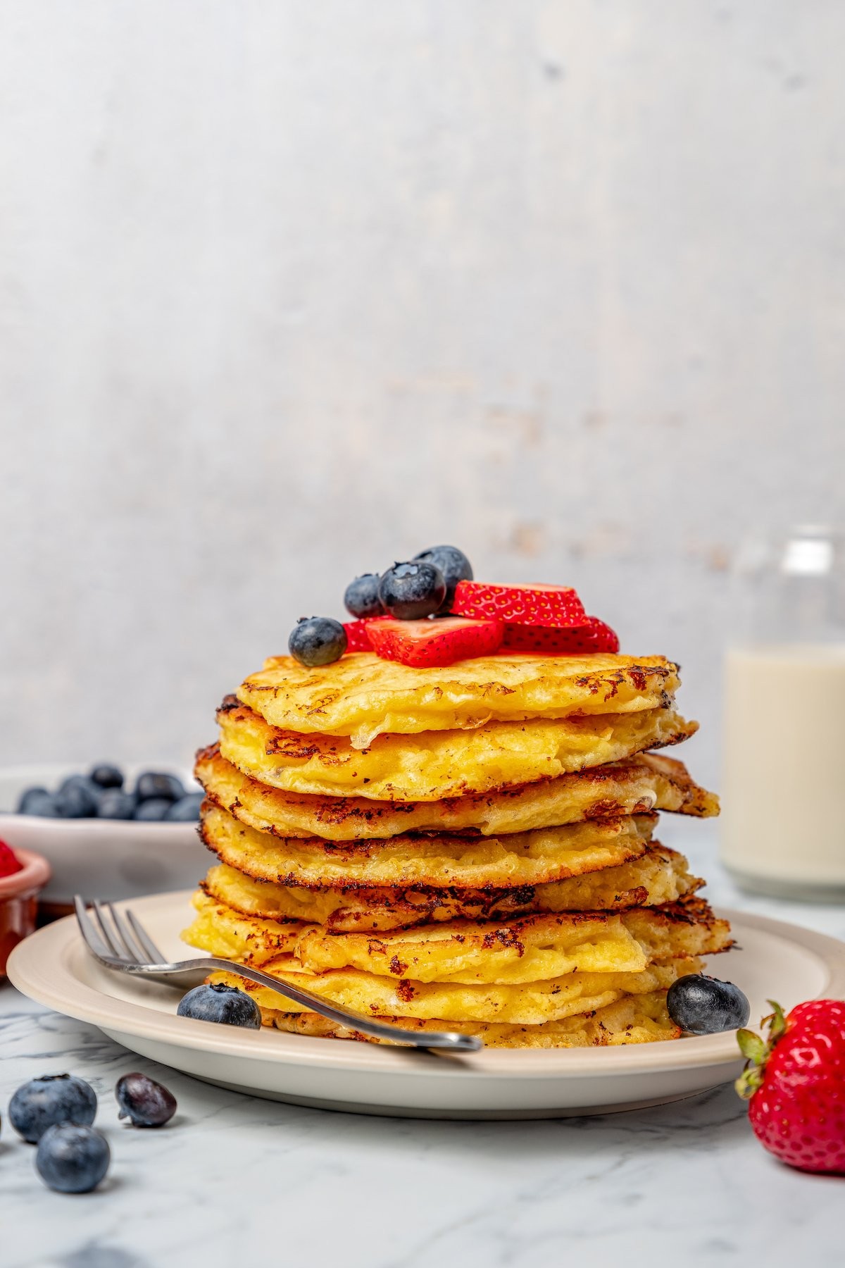 stack of coconut cottage cheese protein pancakes