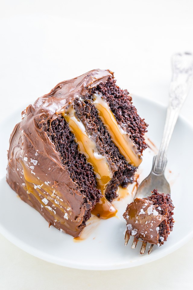 slice of salted chocolate ganache layer cake