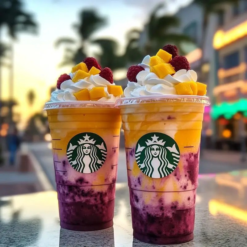 a refreshing yogurt frappuccino in a tall glass with toppings