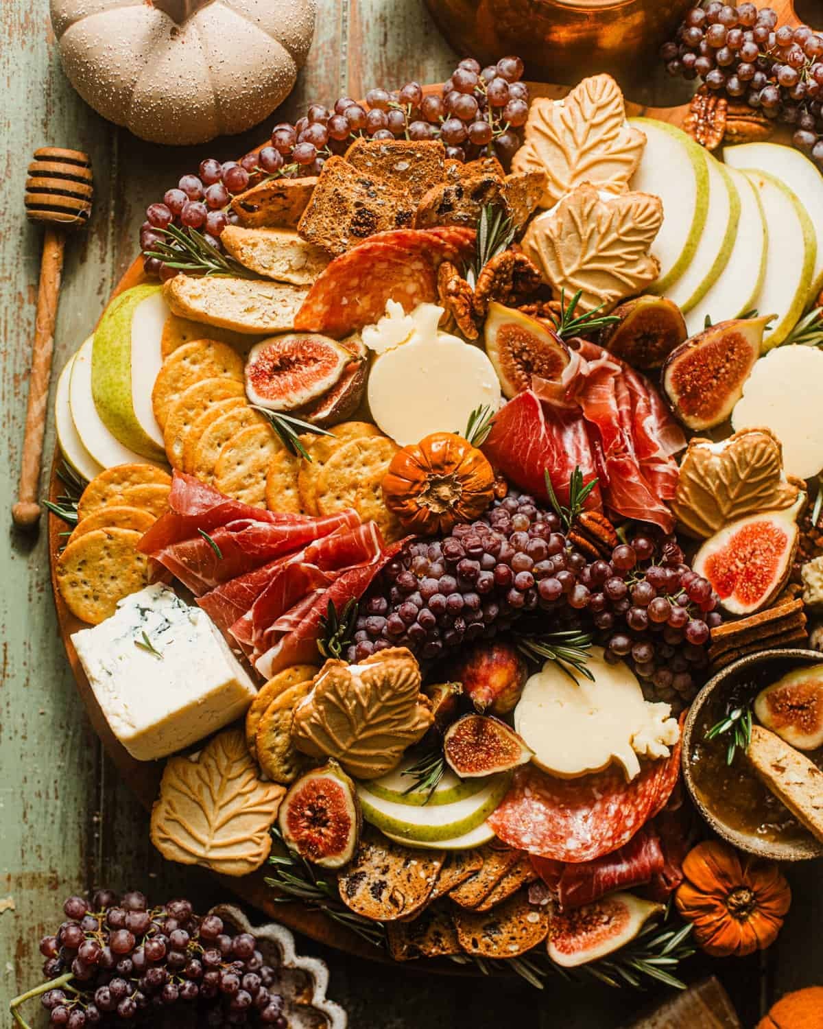 overhead shot of a vibrant fall charcuterie board