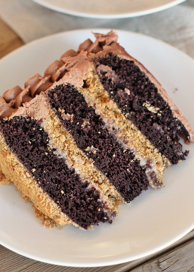 A slice of pretzel crunch chocolate layer cake with visible layers and pretzel topping