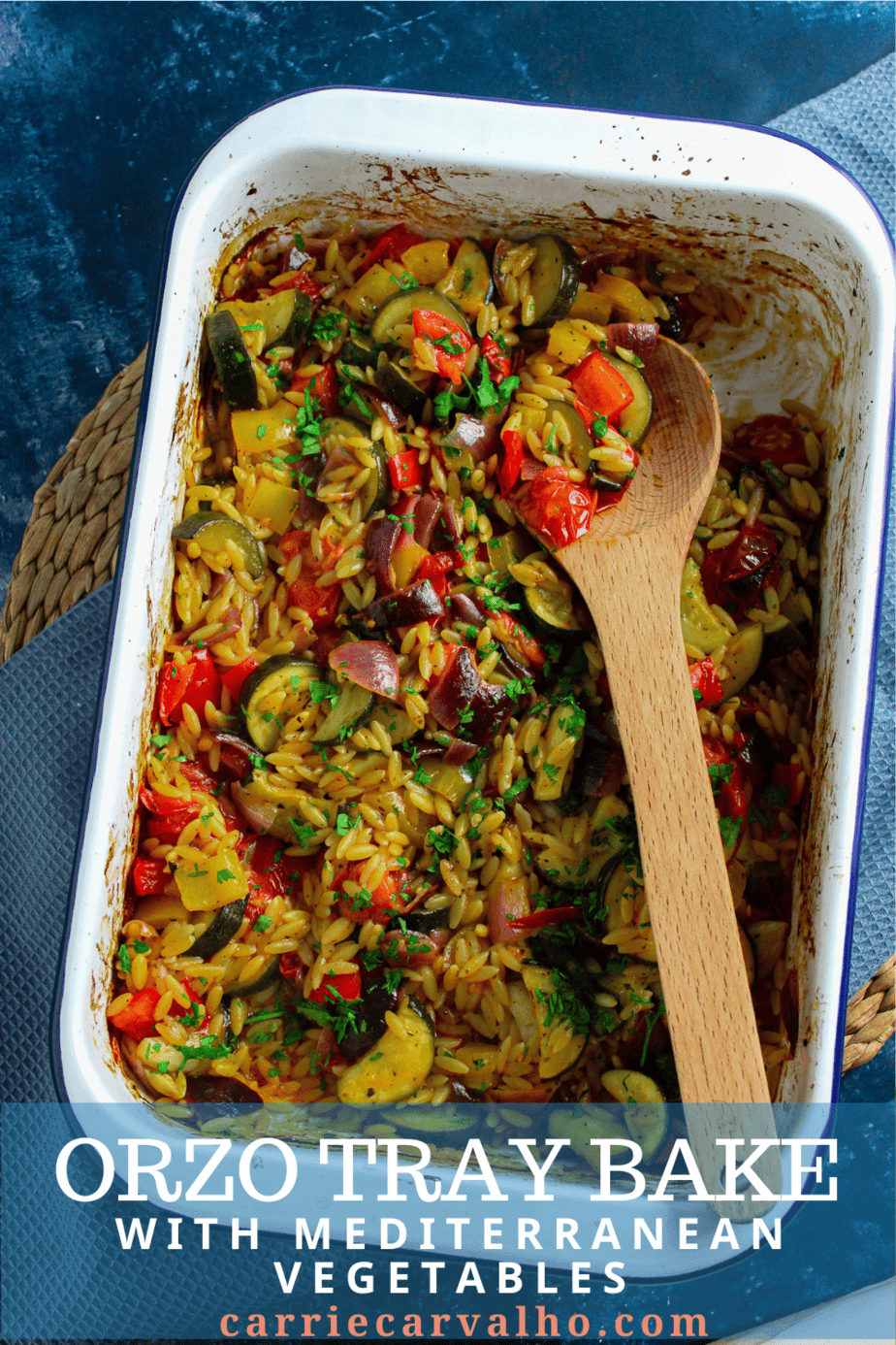 Mediterranean Zucchini and Orzo Bake in a baking dish