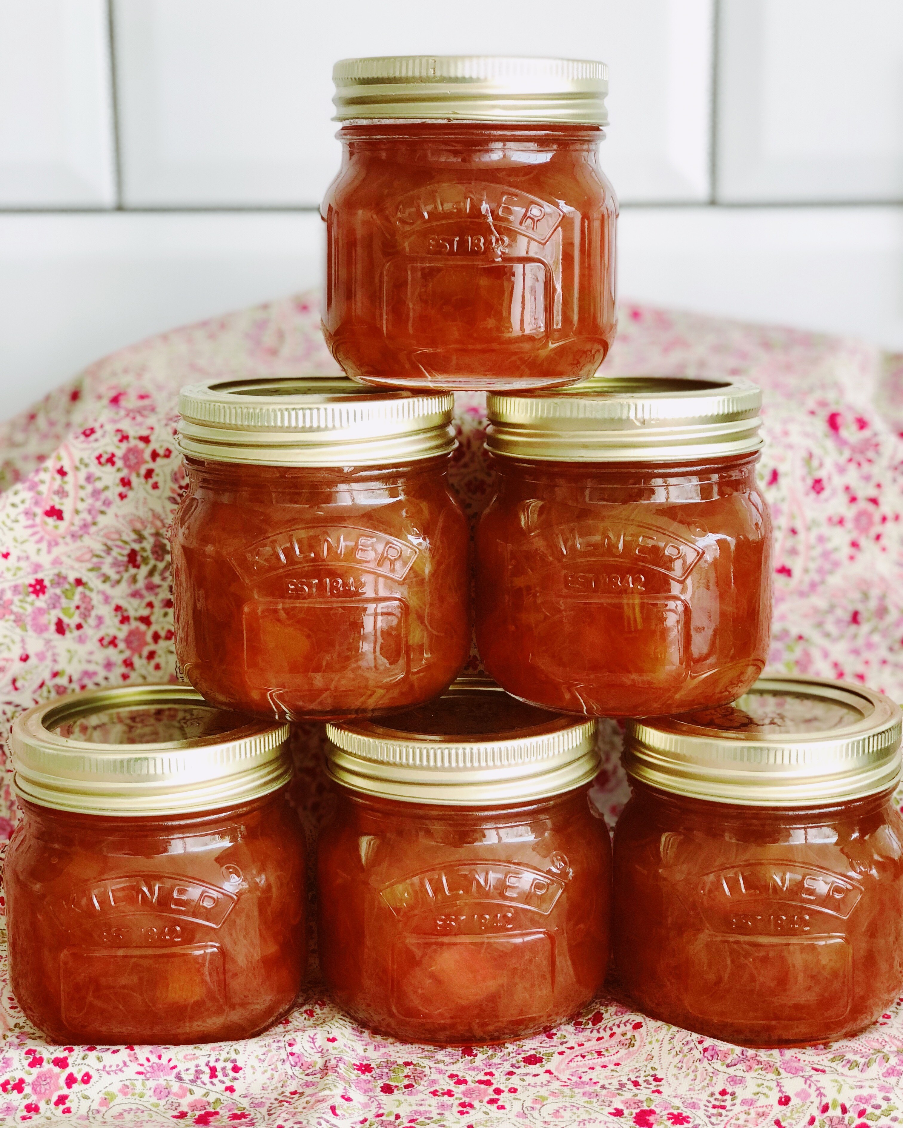 jars of homemade ginger rhubarb preserve