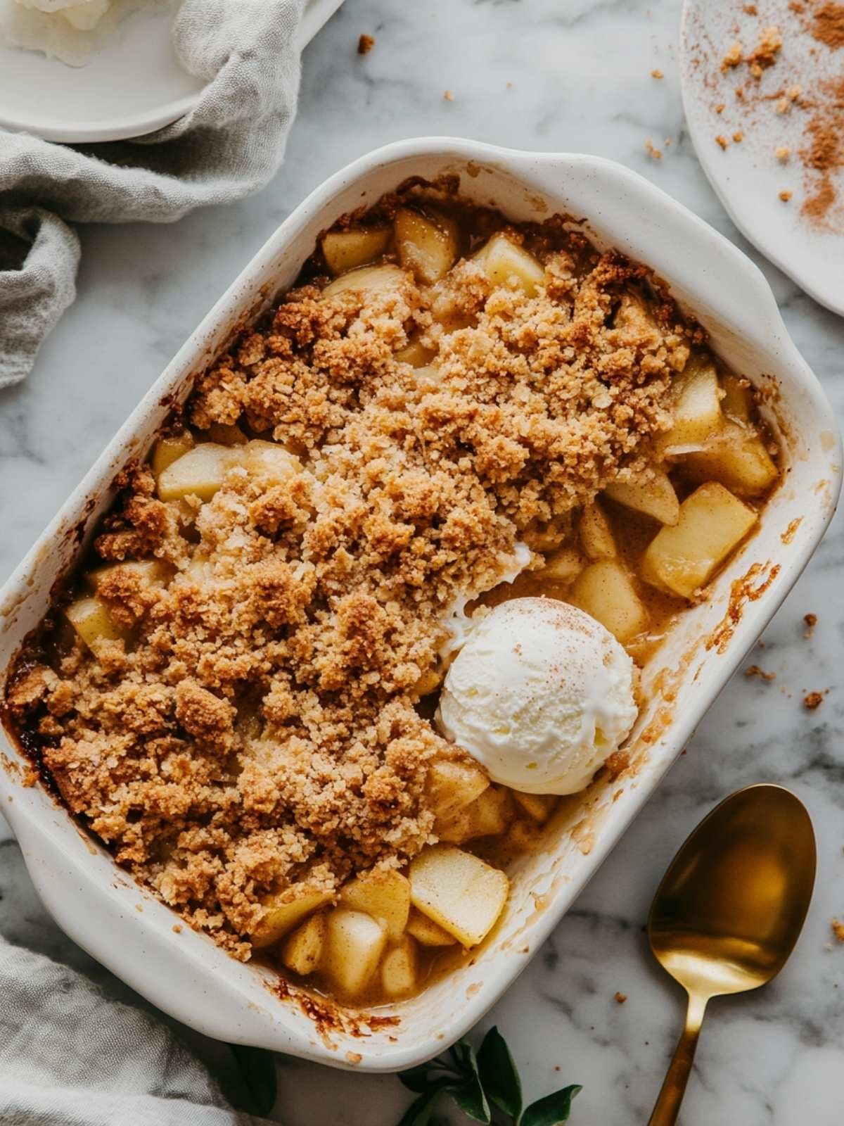 overhead shot of freshly baked apple crisp with streusel topping, warm and golden brown