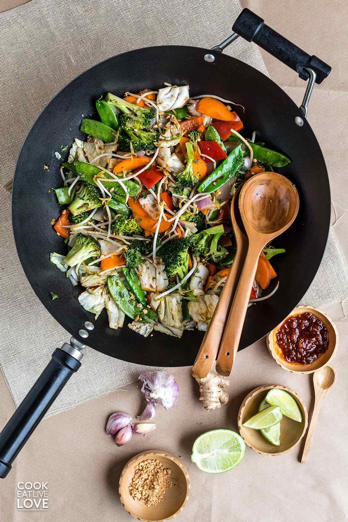 colorful Cajun spiced vegetable stir-fry in a wok