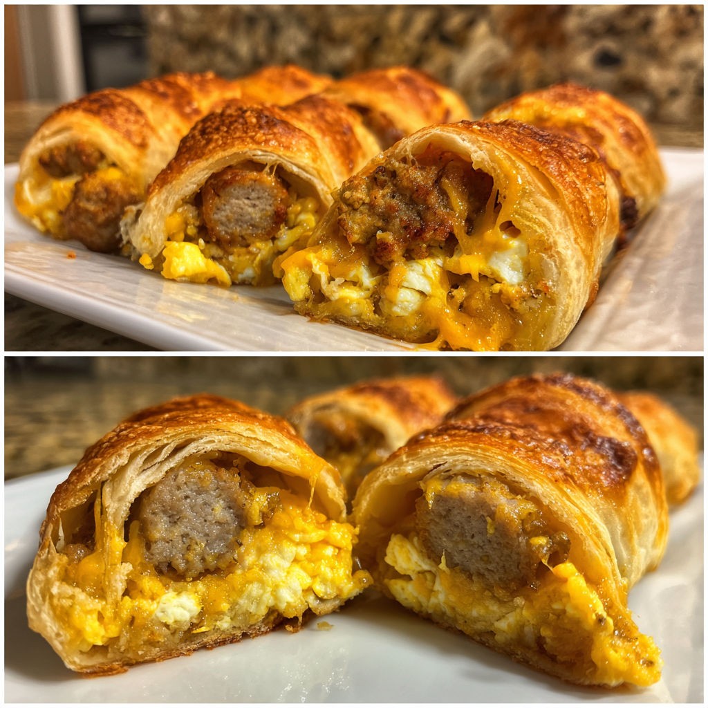 Golden brown sausage egg crescent roll ups on a baking sheet, with a warm, inviting glow, rustic kitchen background