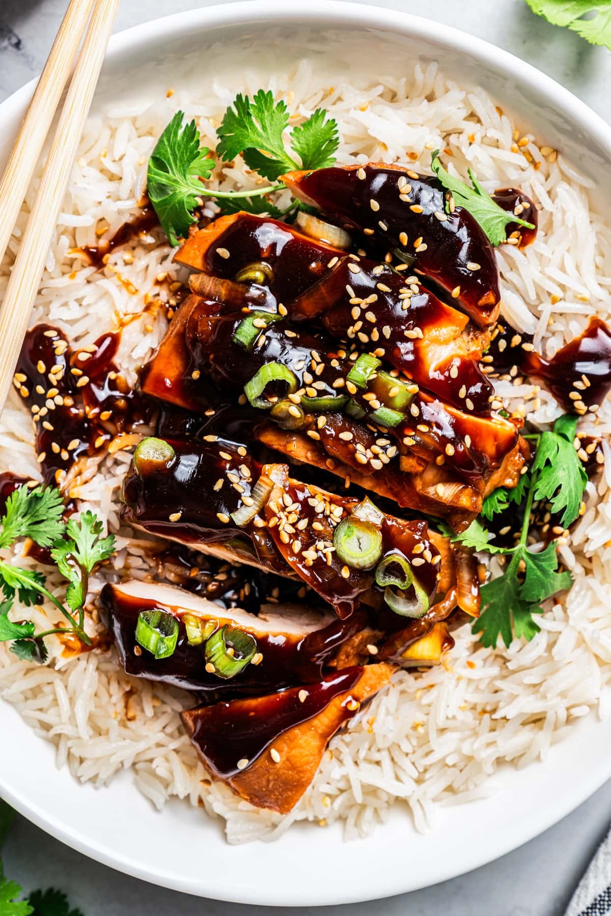 vibrant sticky teriyaki chicken with sesame seeds and green onions on rice, close-up, natural light