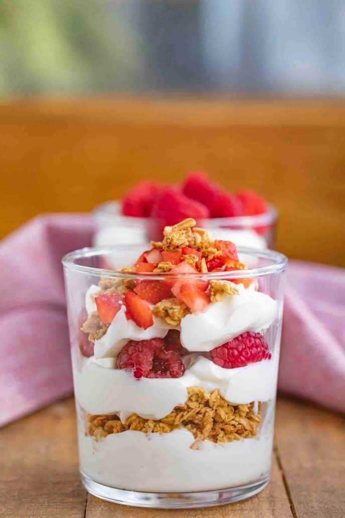 layered nutmeg berry parfait in a glass