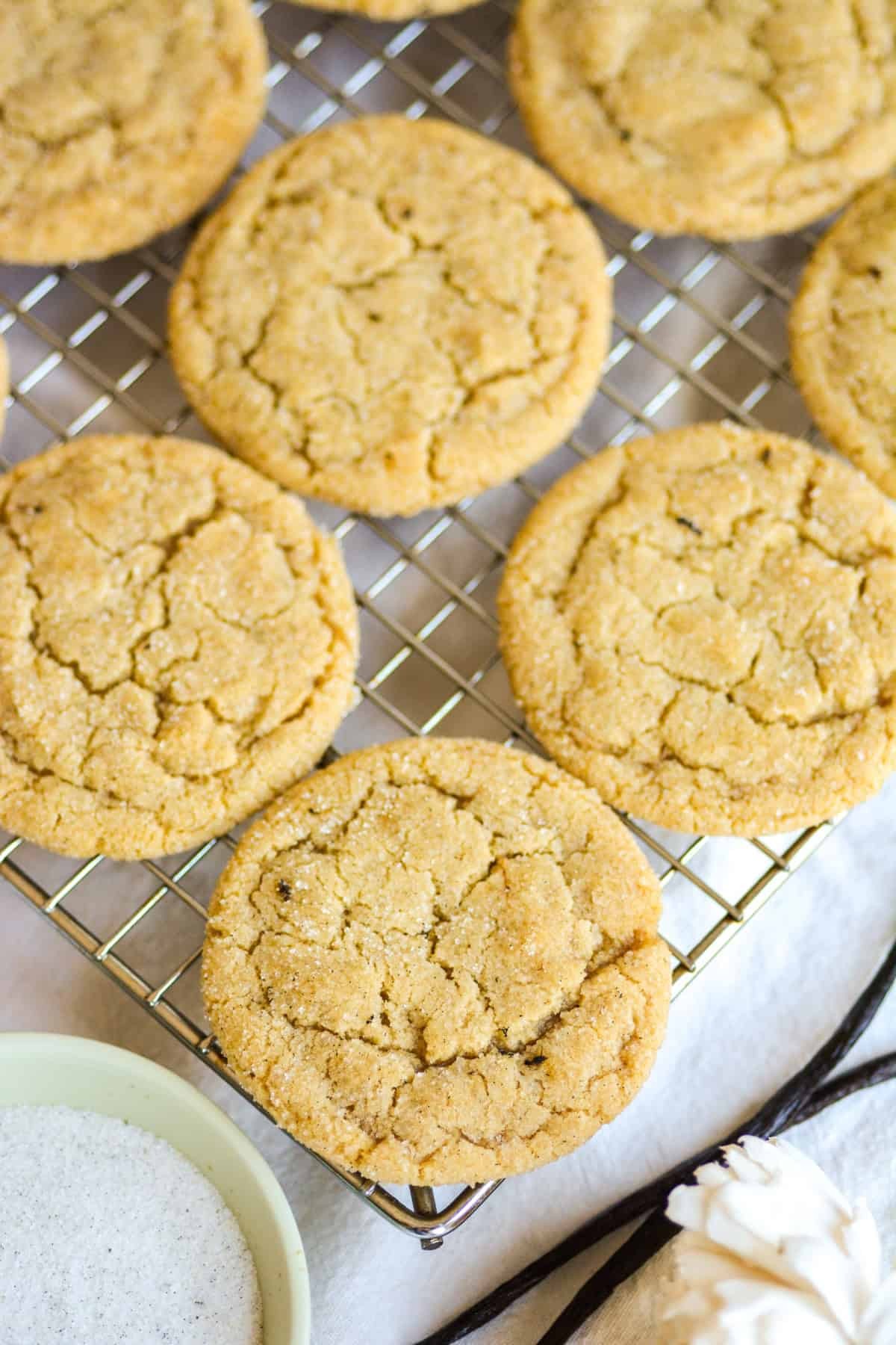 Close-up of baked sugar cookies with visible vanilla bean specks on a cooling rack