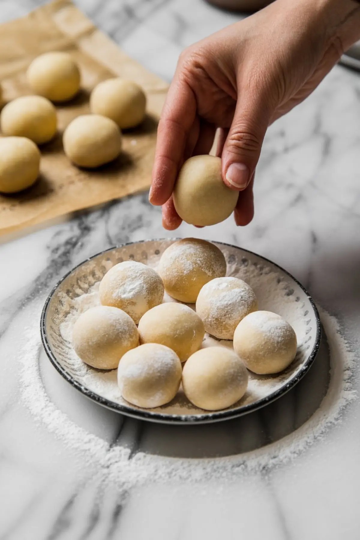 plate of soft, round sugar cookies with slight cracks, powdered sugar dusting, and a cozy kitchen background