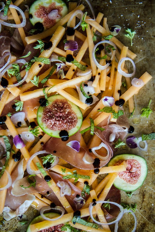 Watermelon Prosciutto Fig Salad beautifully arranged