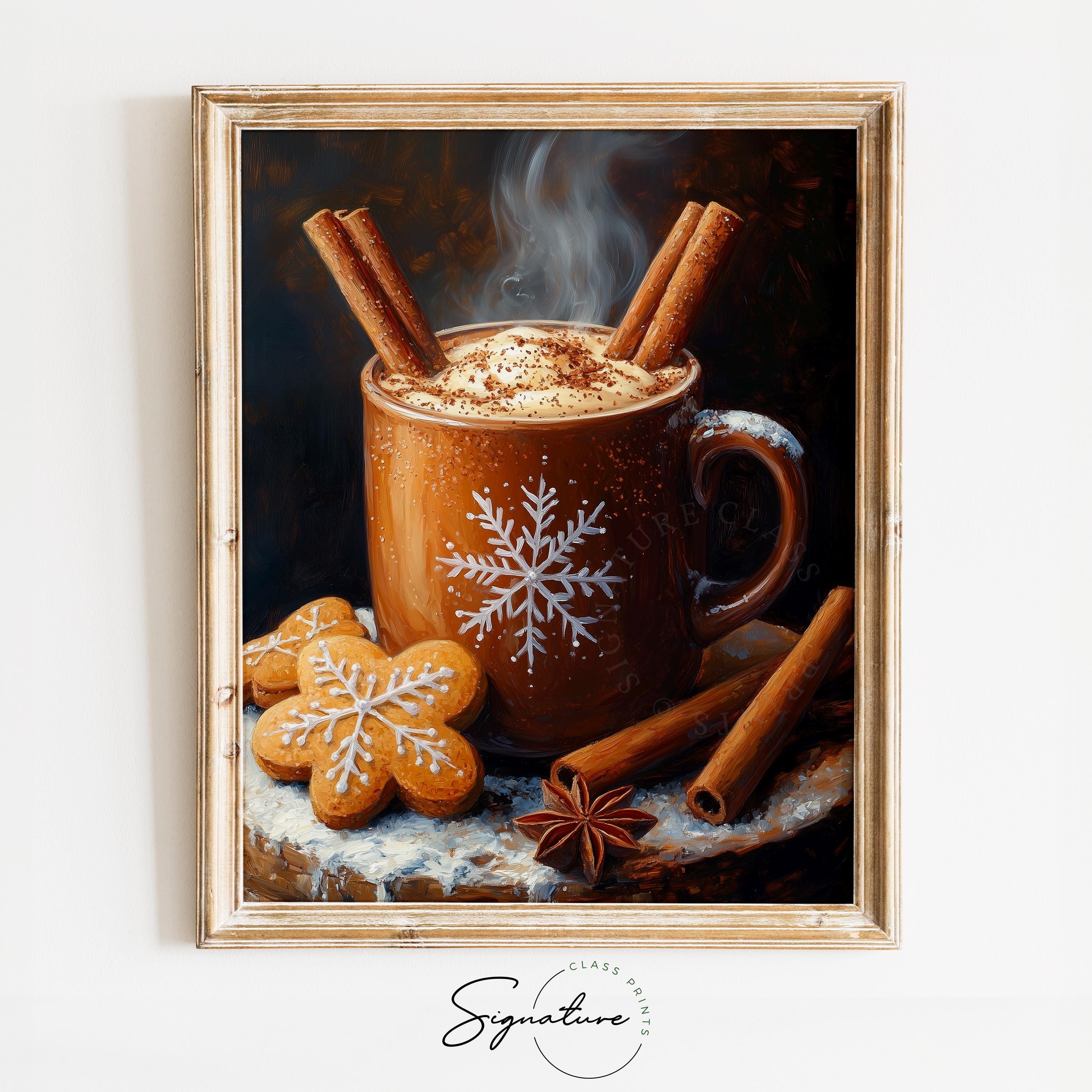 steaming mug of spiced hot chocolate with cinnamon sticks and star anise on a wooden table, cozy setting