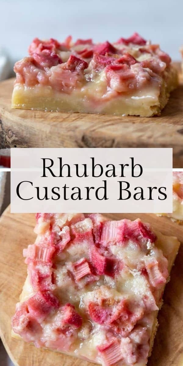 Coconut Rhubarb Custard Bars on a wooden cutting board