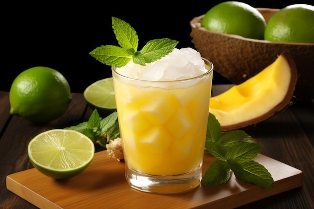 a refreshing coconut mango drink in a clear glass