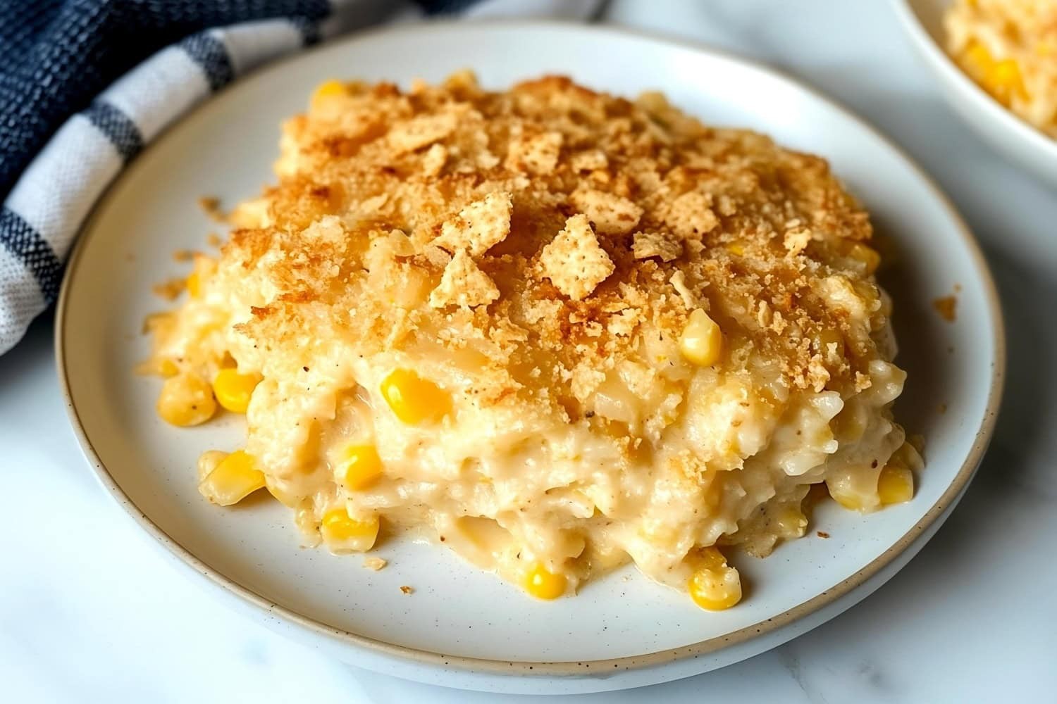 golden corn casserole with crispy topping in a rustic farmhouse setting, close-up