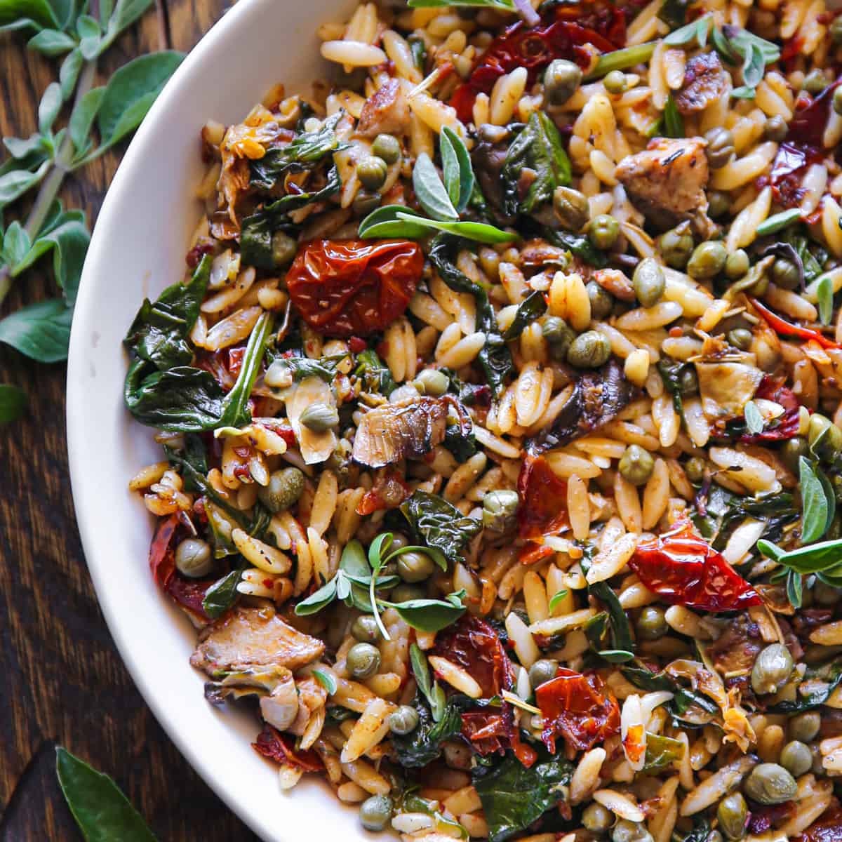Orzo pasta salad with sun-dried tomatoes, spinach, and a bright dressing