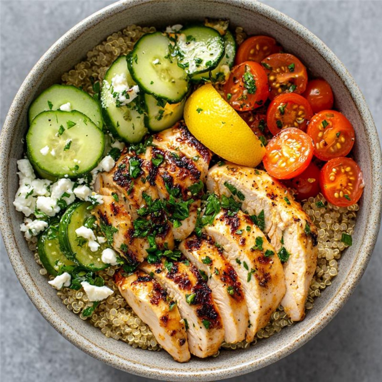 Lemon herb chicken and veggie bowl