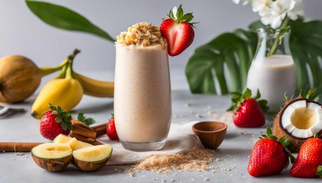 a vibrant coconut flour protein smoothie in a glass with tropical fruits around it