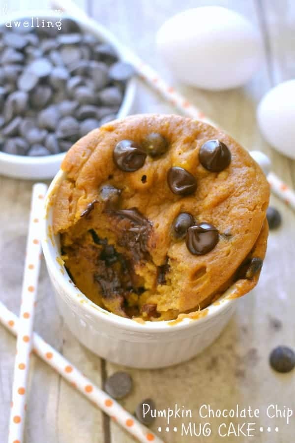 pumpkin chocolate chip mug cake in a white mug